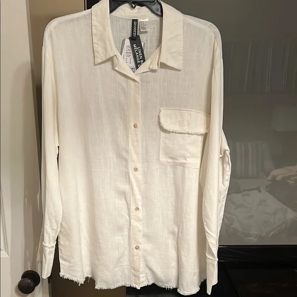 NWT H&M Linen Blend Raw Hem Button Down - Picture 1 of 6